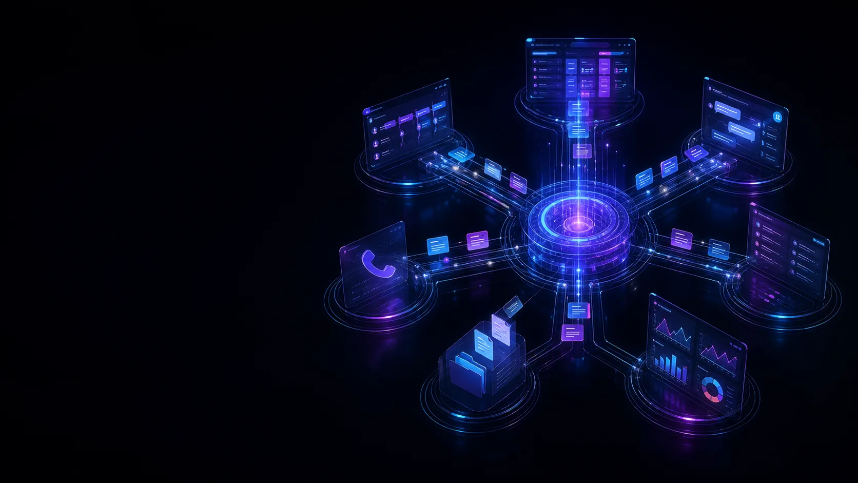 Coordinated AI workflow command center connecting customer intake, communications, documents, and analytics